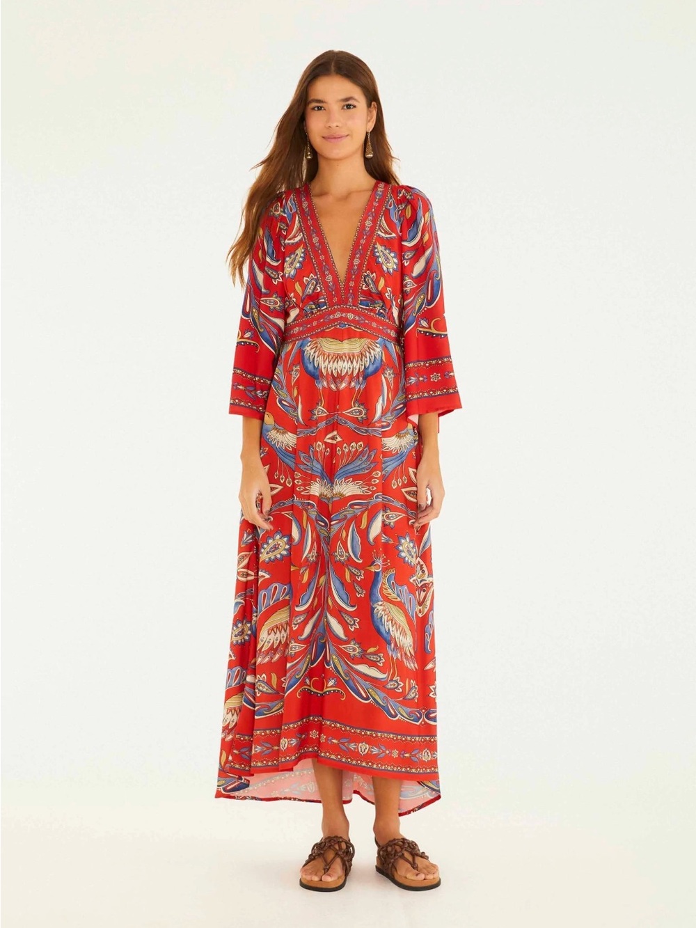 FARM Rio Red Printed Maxi Dress Deep V Kimono Sleeve | Brazil Exclusive NWT Smal
